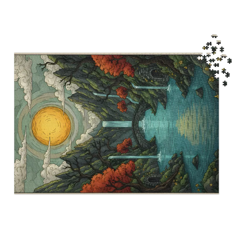 Autumn Waterfall Valley 
 Jigsaw Puzzle in Tin Box