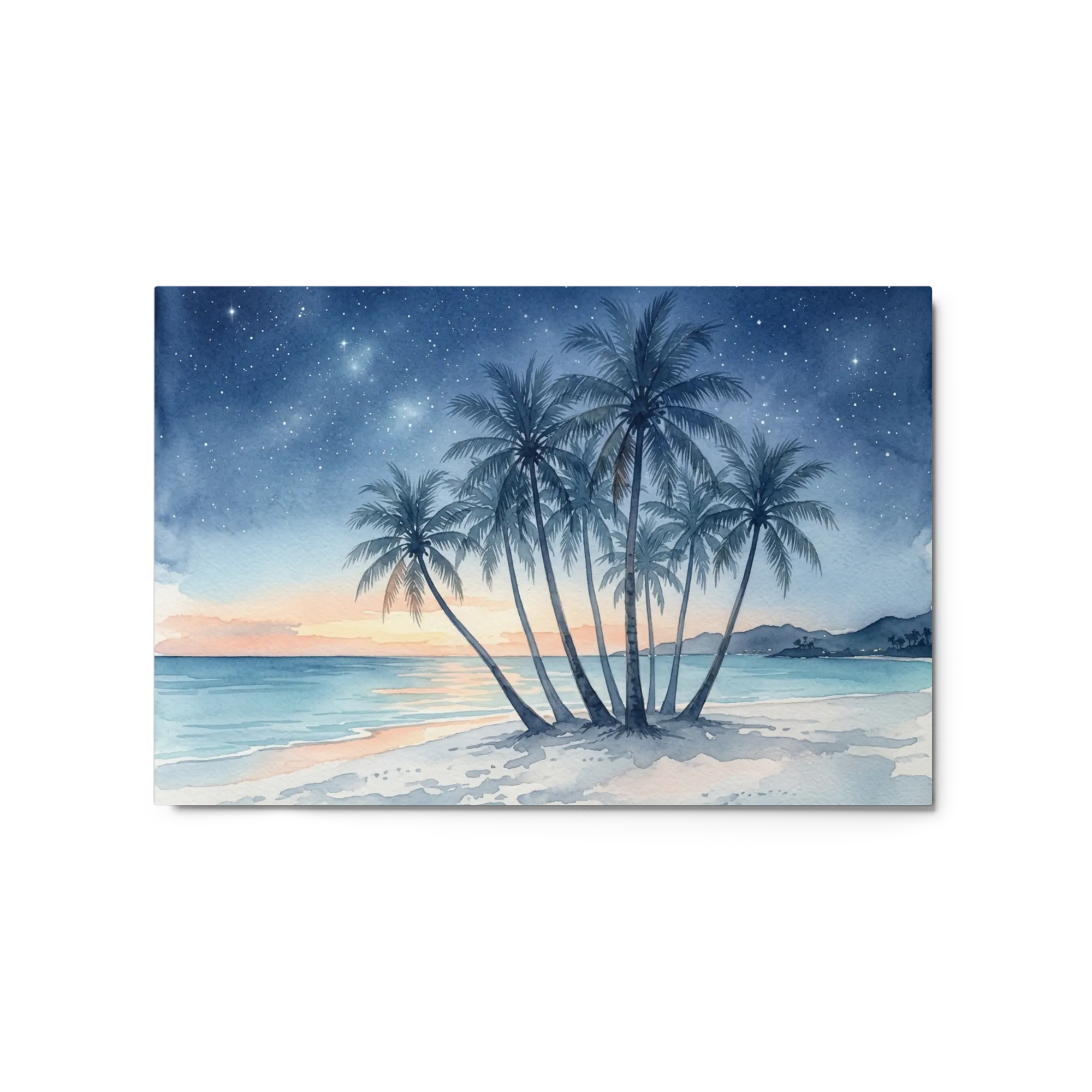 Starry Tropical Night Watercolor 
 Canvas with White Frame