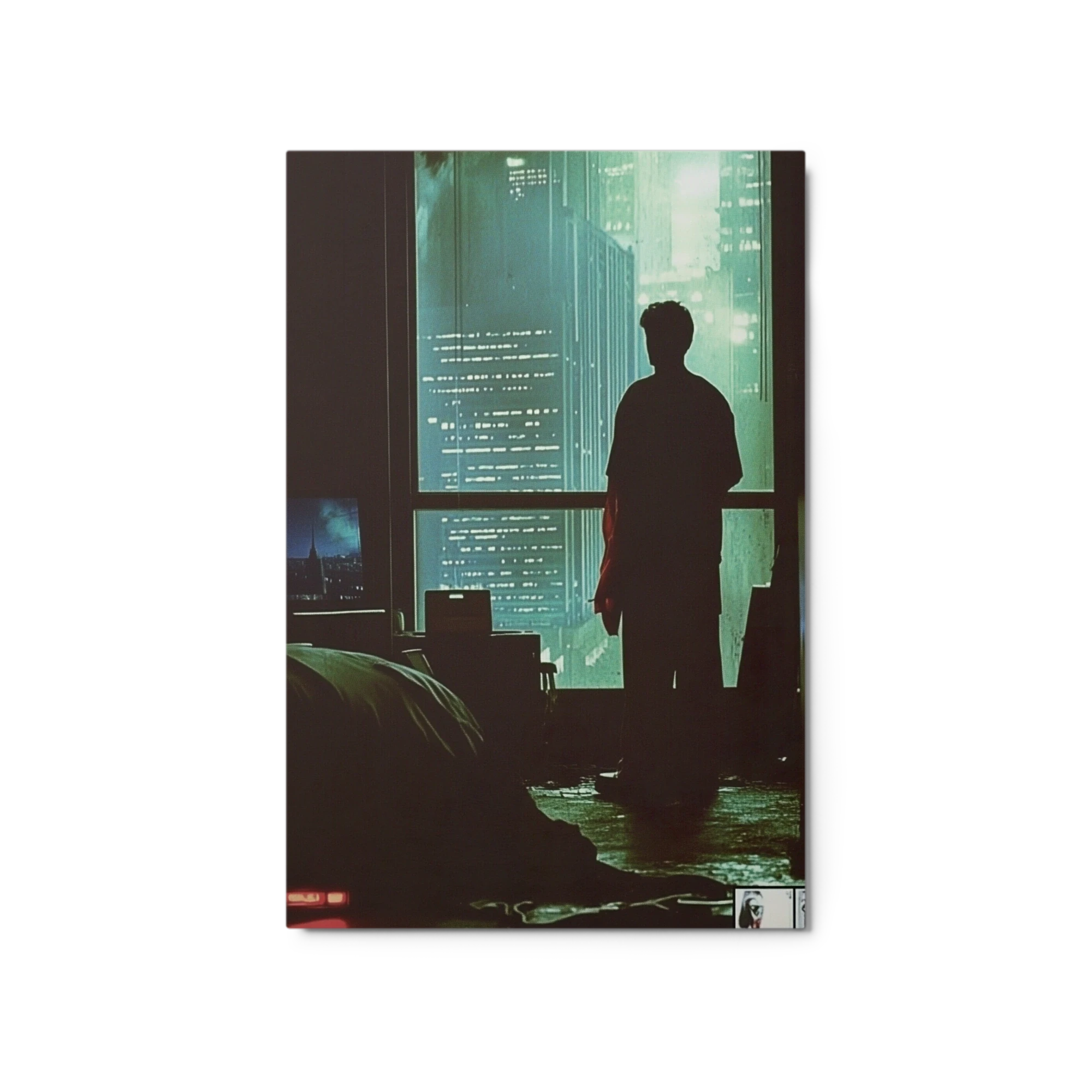 Silhouette by Window over Futuristic Cityscape