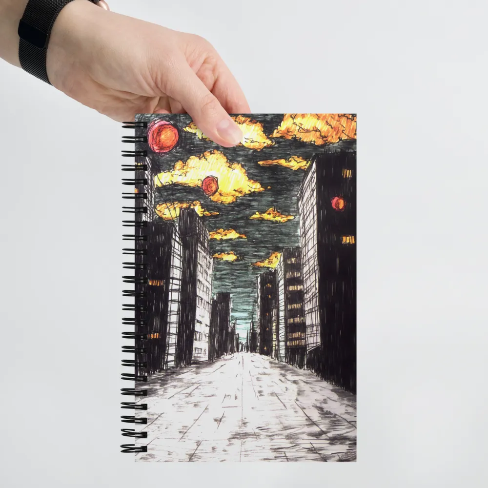 Crimson Orbs Over City 
 Spiral Notebook | 140 pages