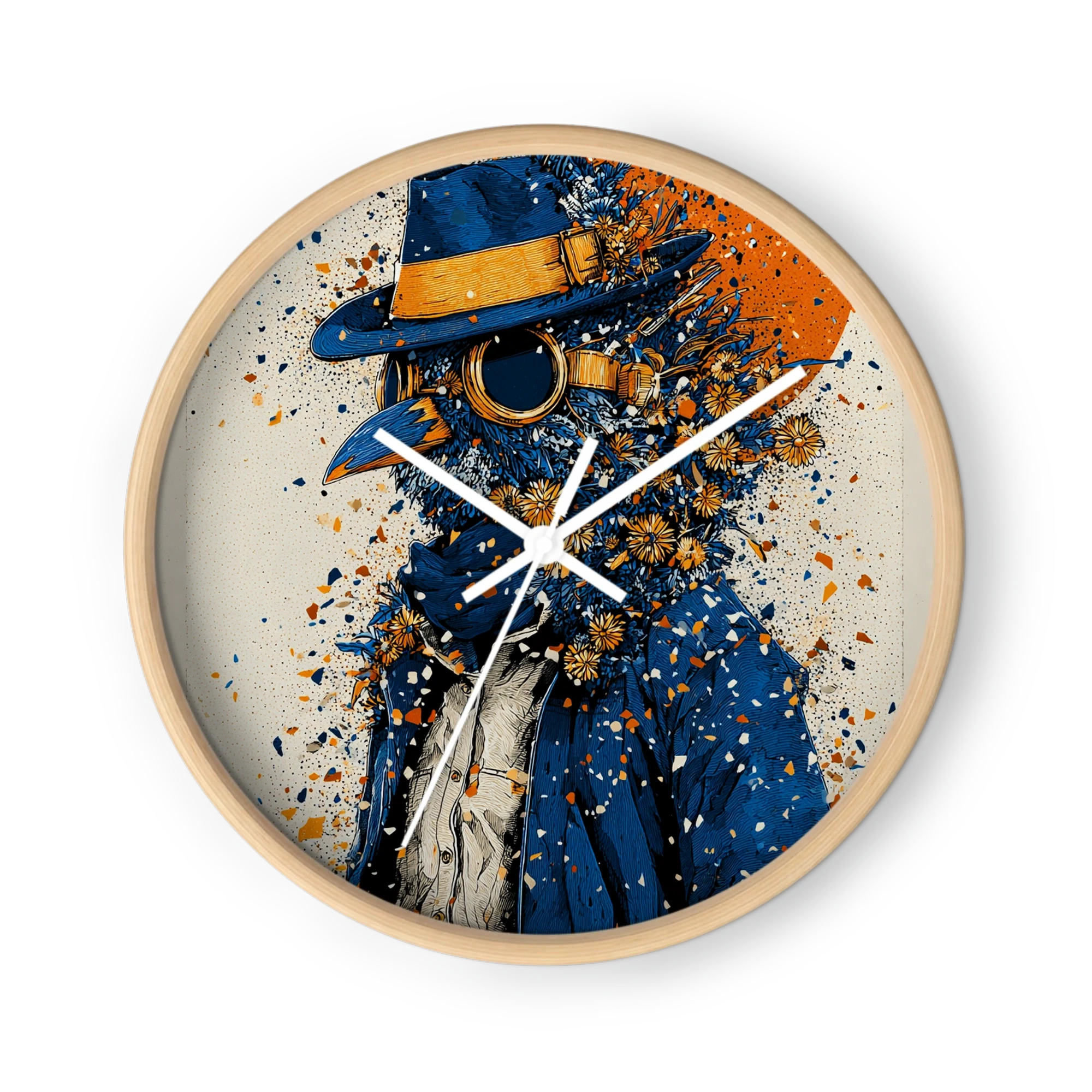 Indigo Ochre Ink-Stipple Surrealism Wall Clocks — Splatter On Cream Ground