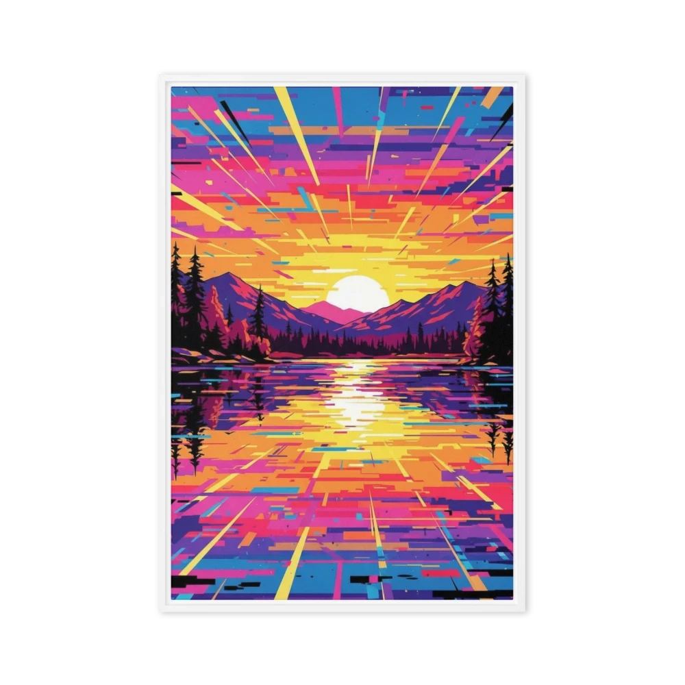 Vibrant Glitch Sunset Over Lake