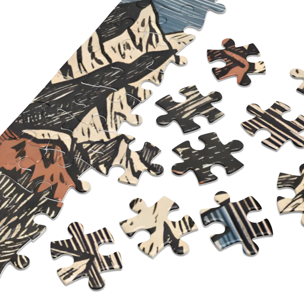Alpine Woodcut Landscape 
 Jigsaw Puzzle in Tin Box