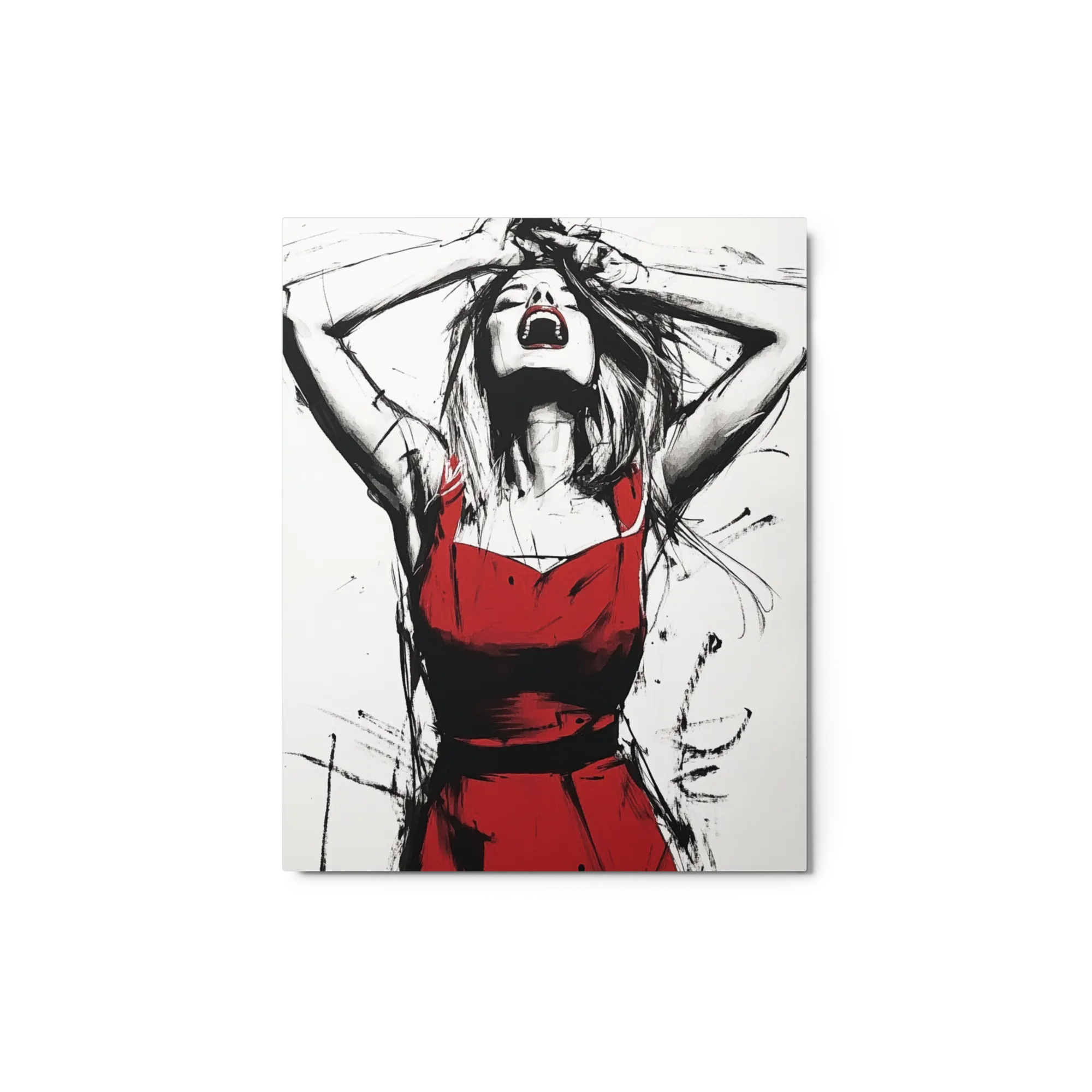 Woman in Red Dress Expressing Anguish