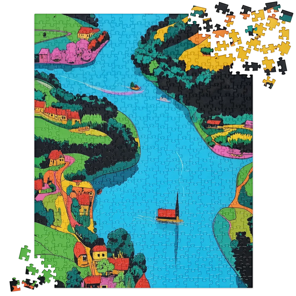 Riverbend Village Landscape 
 Jigsaw Puzzle in Tin Box