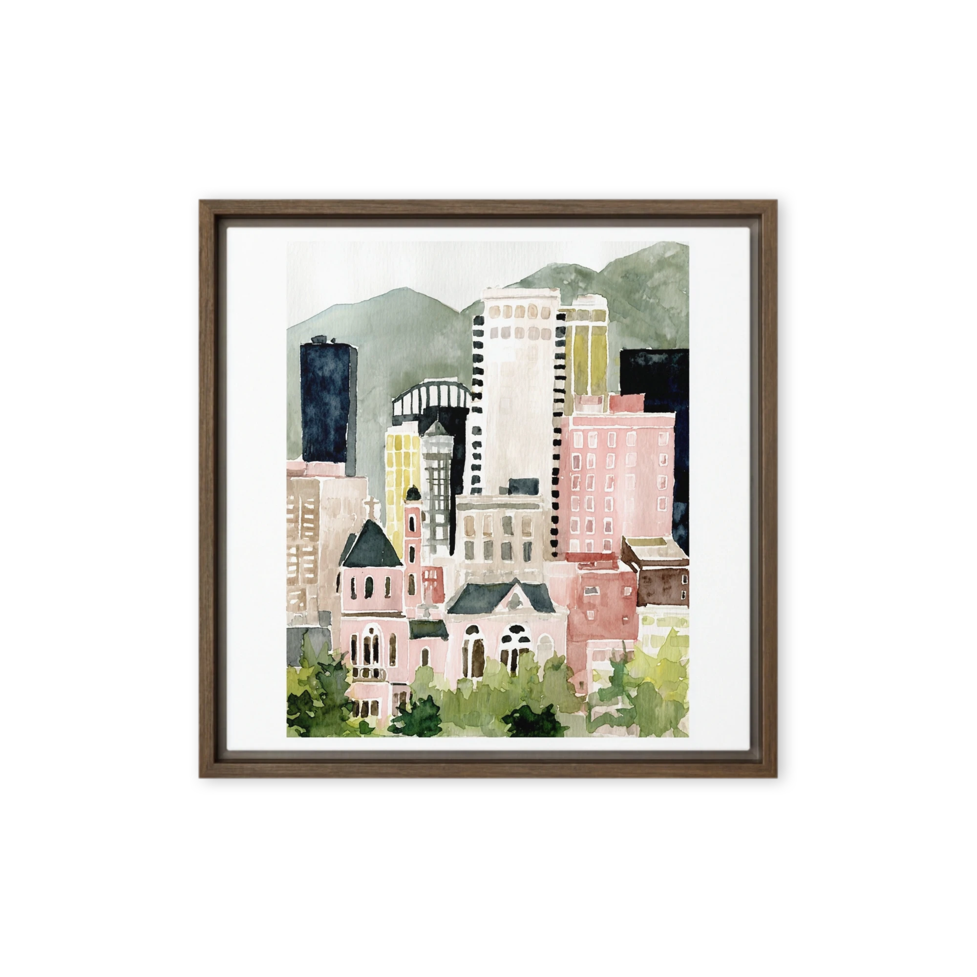 Watercolor City and Mountains