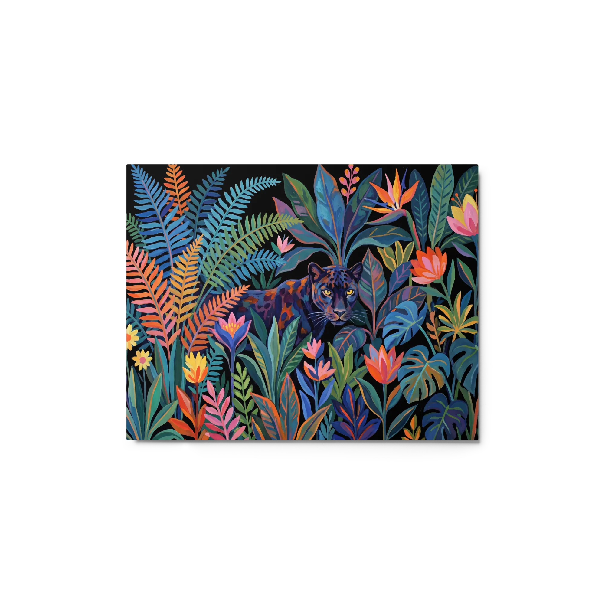 Nocturnal Panther in Tropical Foliage 
 Paper Print With Black Frame & Mat | 12″x 18″