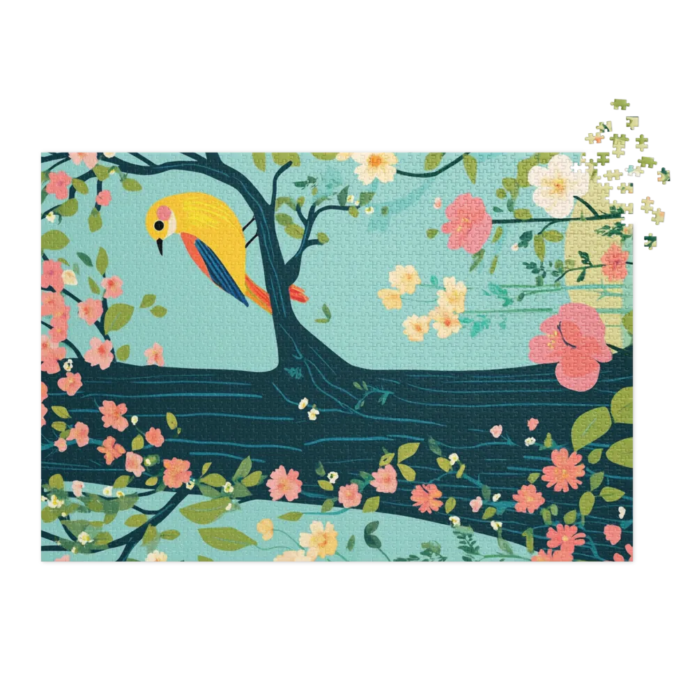 Yellow Bird on Tree with Flowers
