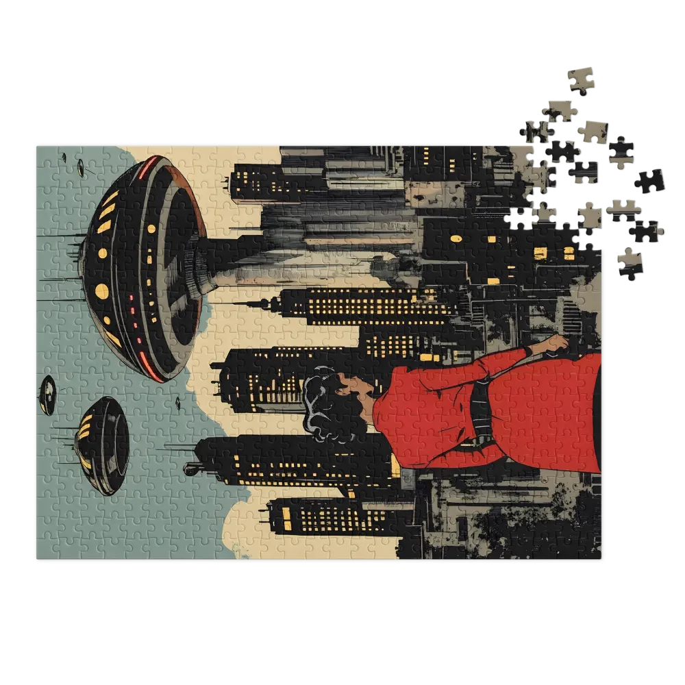 Retro-Futuristic Urban Vista 
 Jigsaw Puzzle in Tin Box
