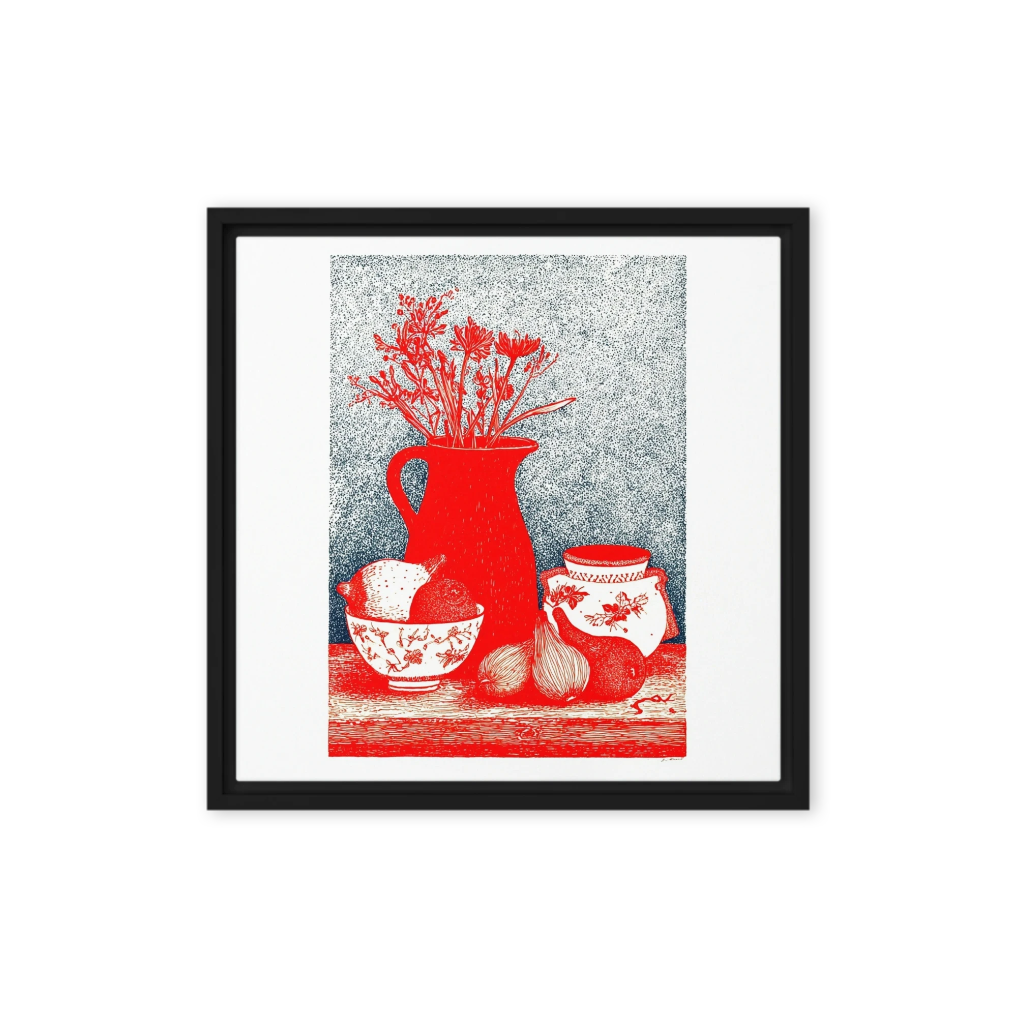 Crimson Relief Engraving Wall Art — Red And Slate Prints