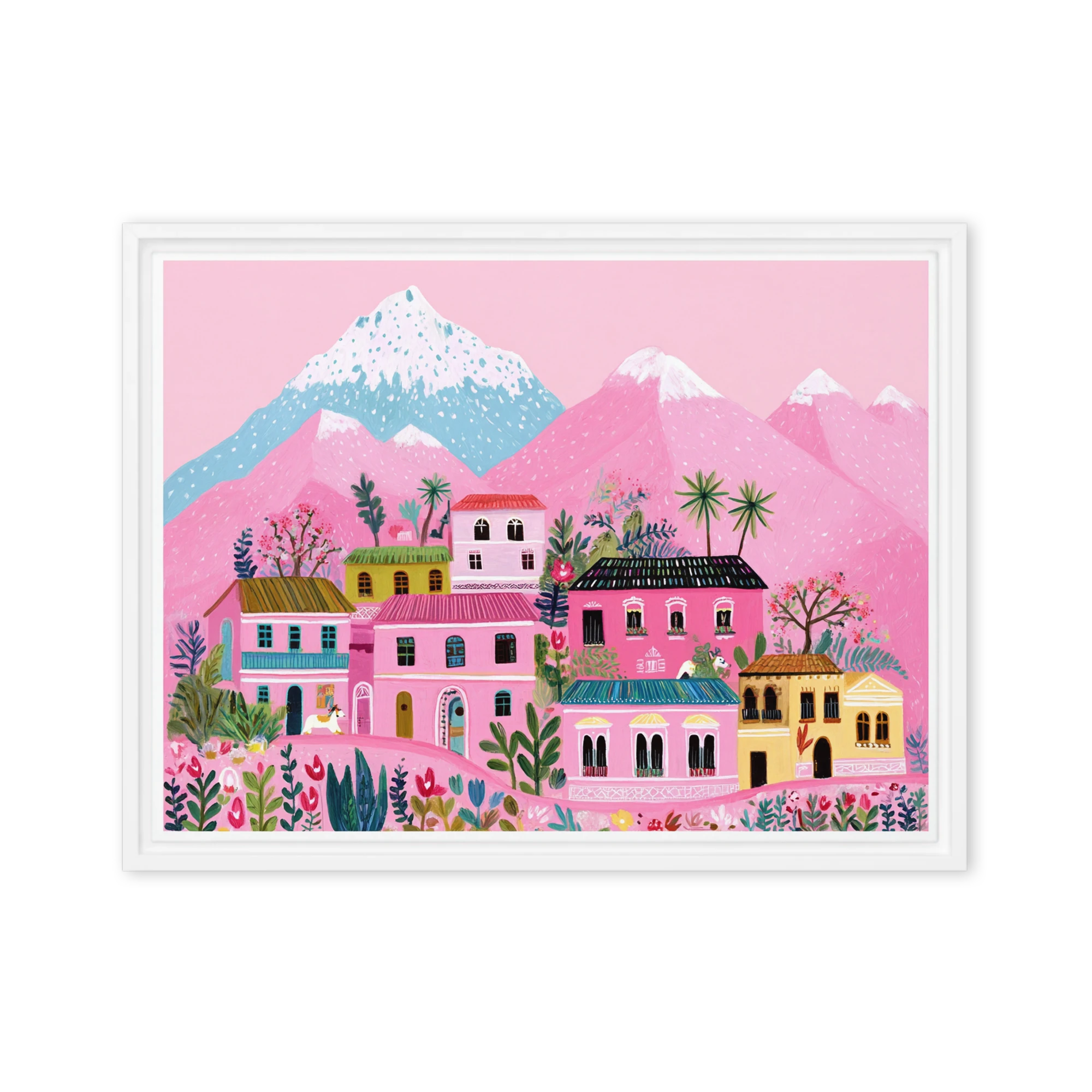 Pink Mountain Village Art Illustration | Art Print