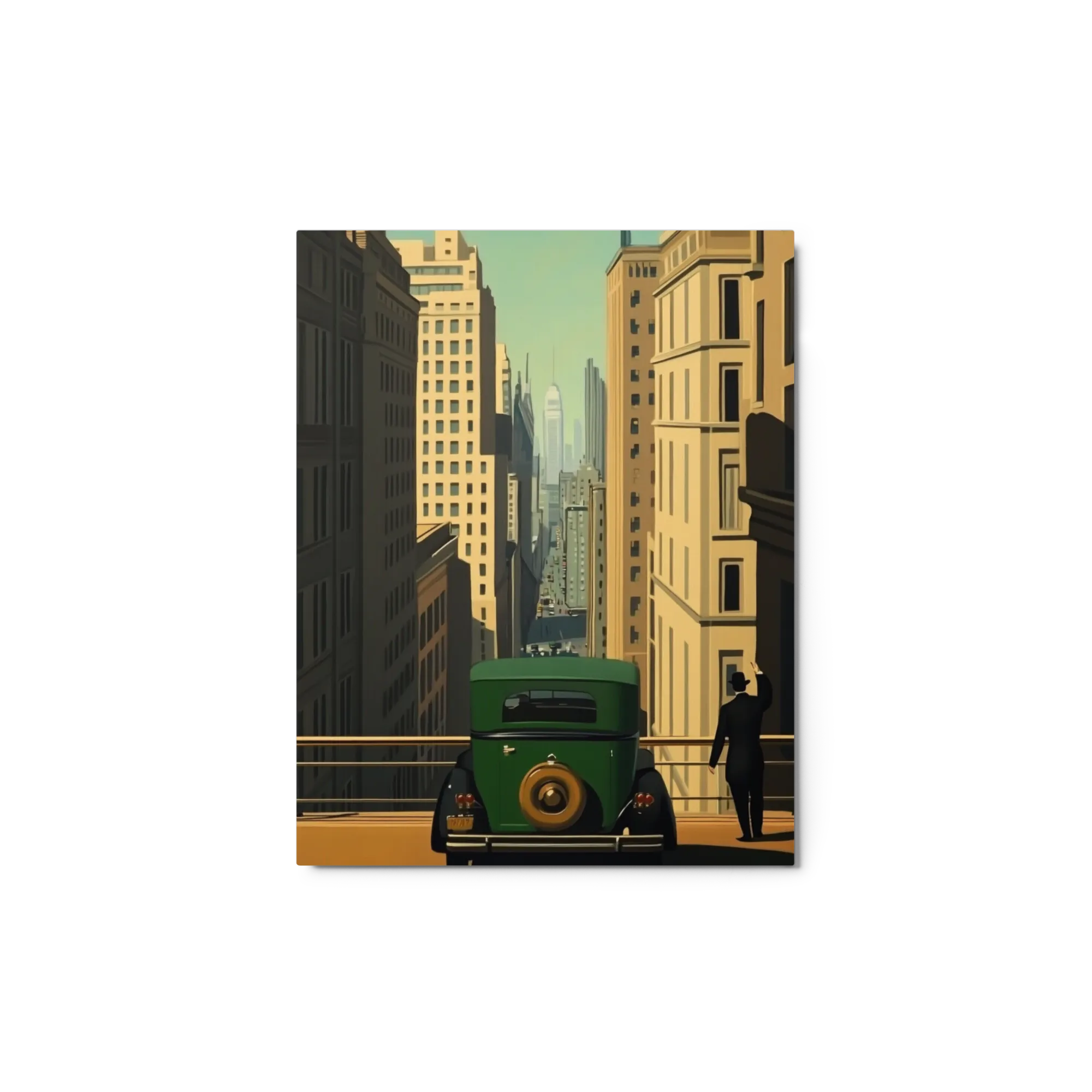 Vintage Green Car Overlooking Art Deco Cityscape