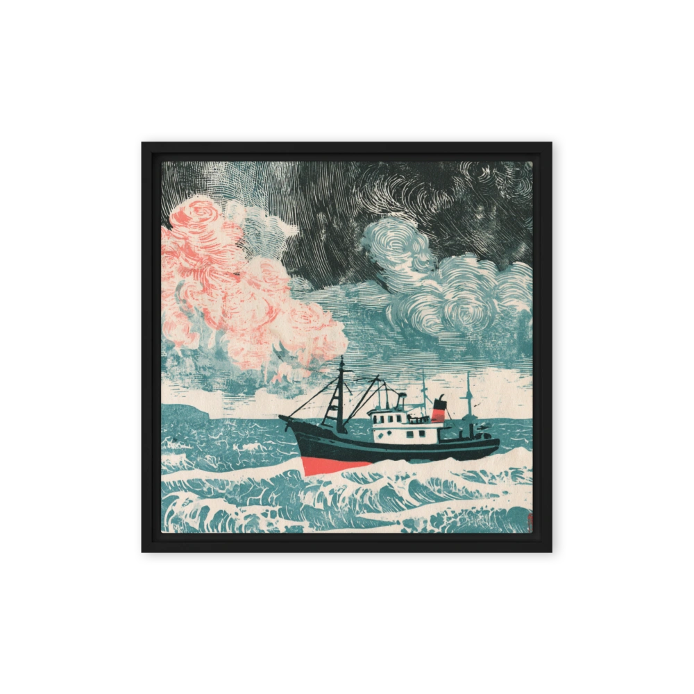 Teal and Coral Relief Print Wall Art — Carved block, coral ink