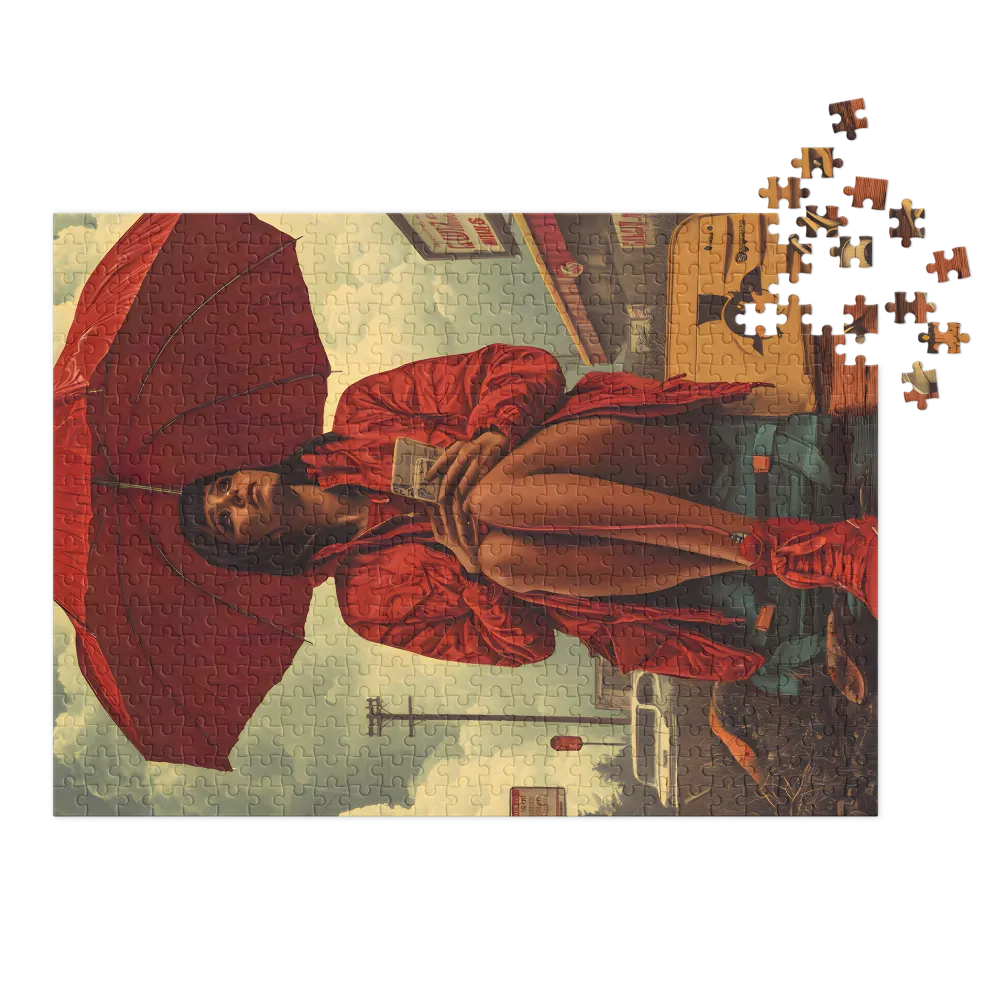 Woman with Red Umbrella in Urban Landscape
