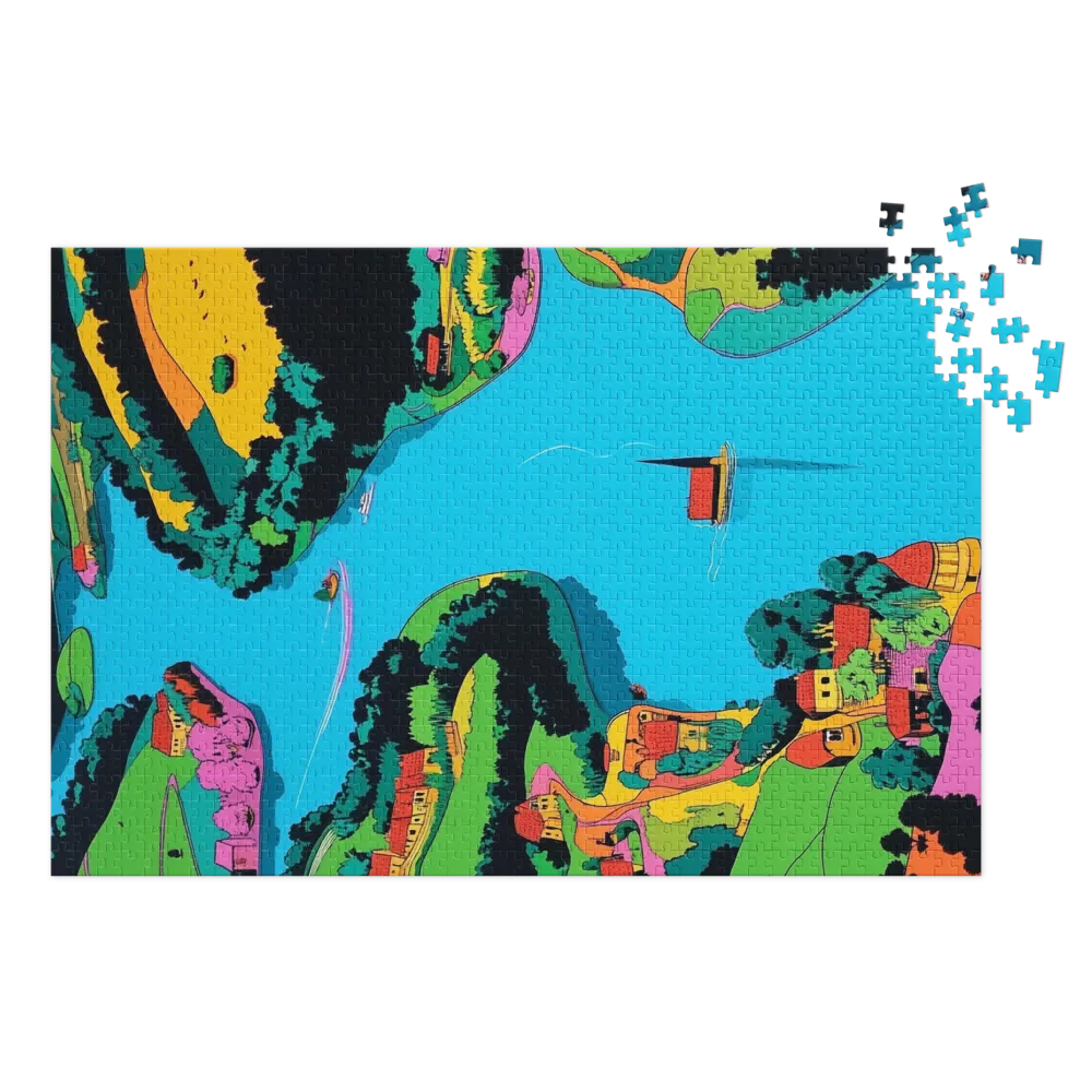 Riverbend Village Landscape 
 Jigsaw Puzzle in Tin Box