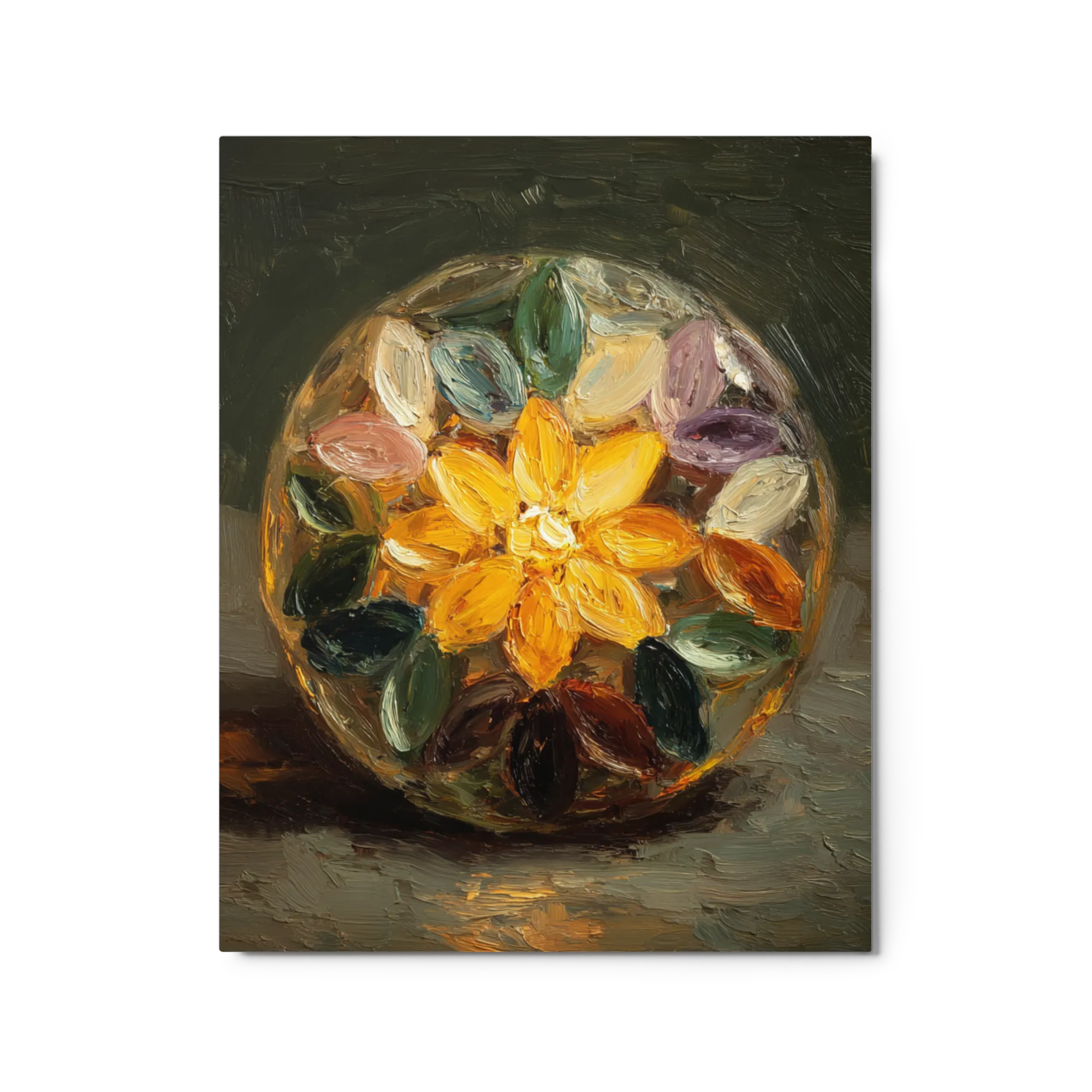 Luminous Floral Orb 
 Canvas with White Frame