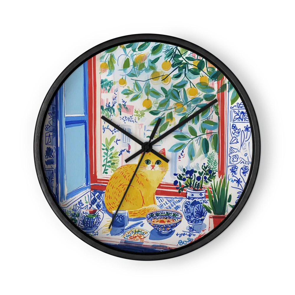 Yellow Cat on Mediterranean Windowsill | Wall Clock