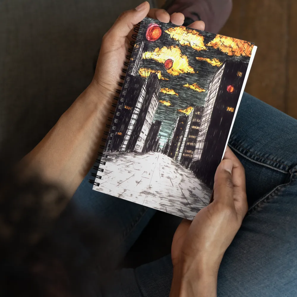 Crimson Orbs Over City 
 Spiral Notebook | 140 pages