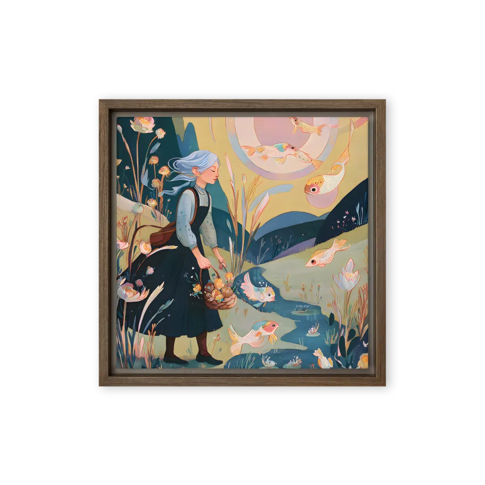 Whimsical Girl with Goldfish 
 Canvas with Brown Frame