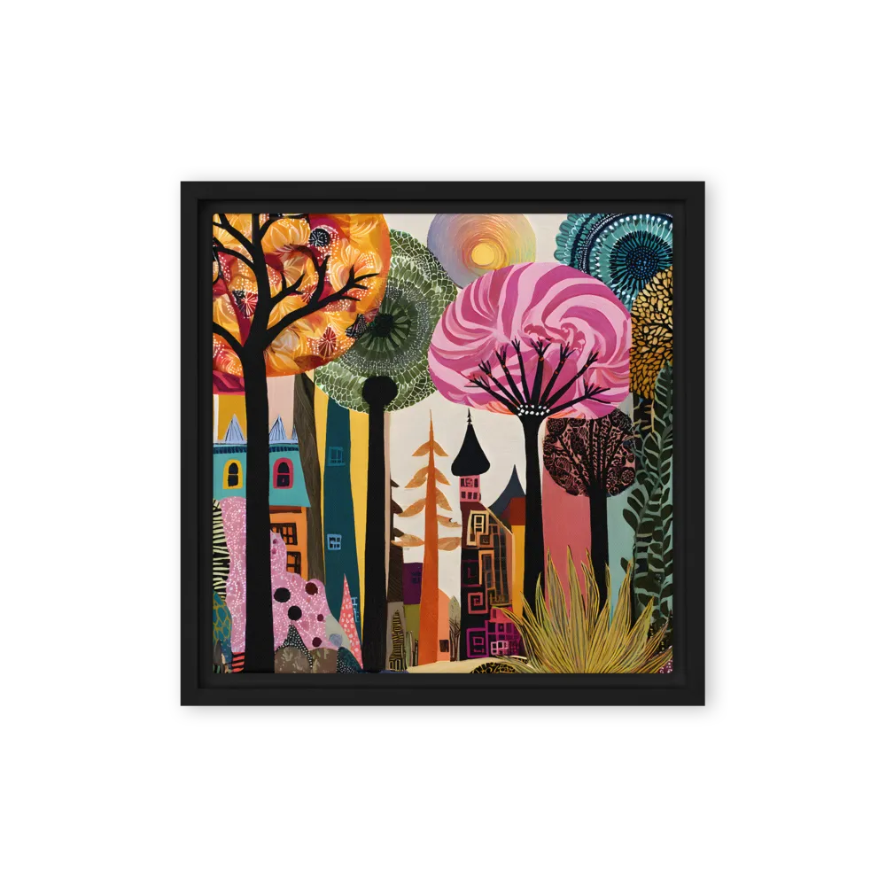 Whimsical Forest Village 
 Canvas with Brown Frame
