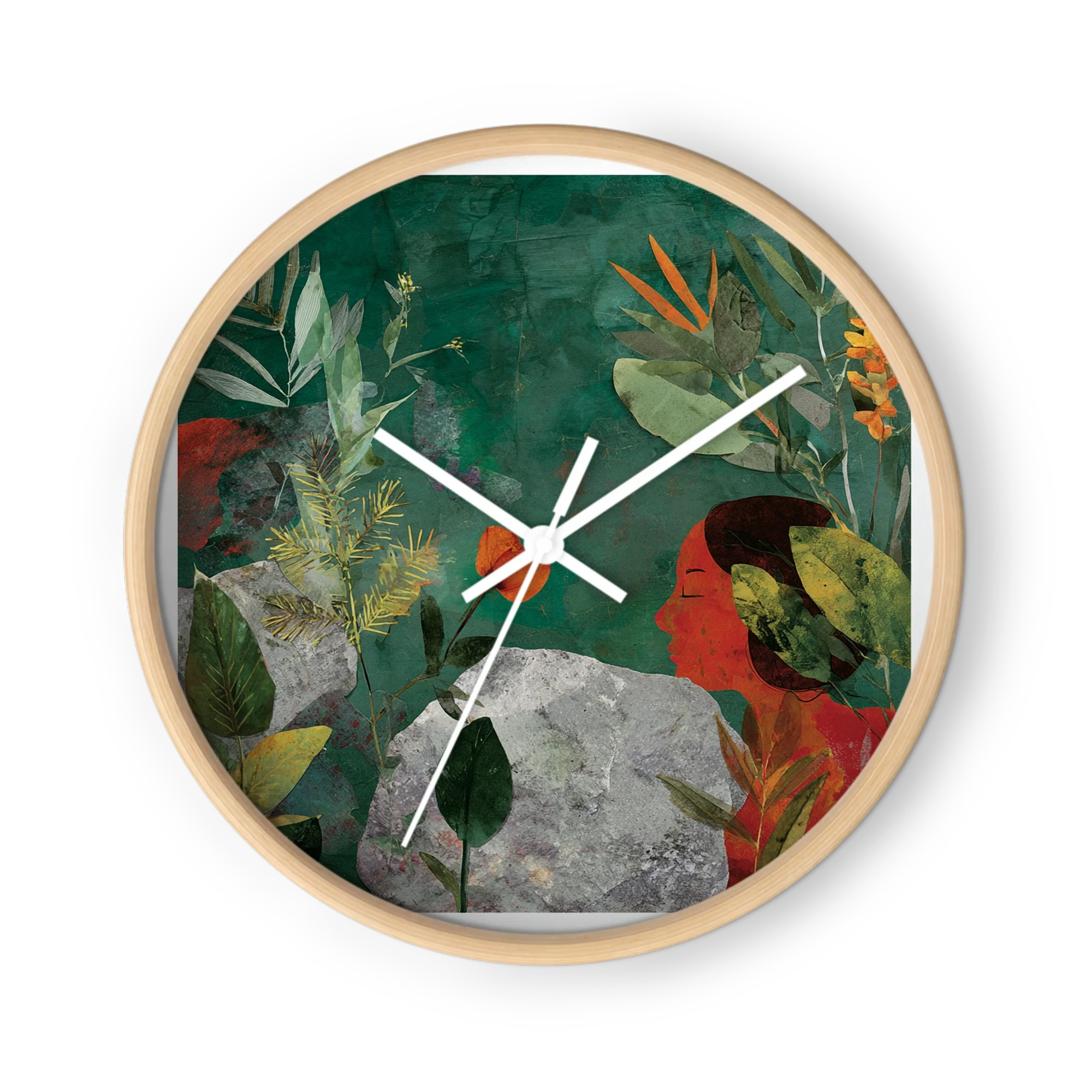 Floral & Botanical Wall Clocks — Emerald Leaf Collage