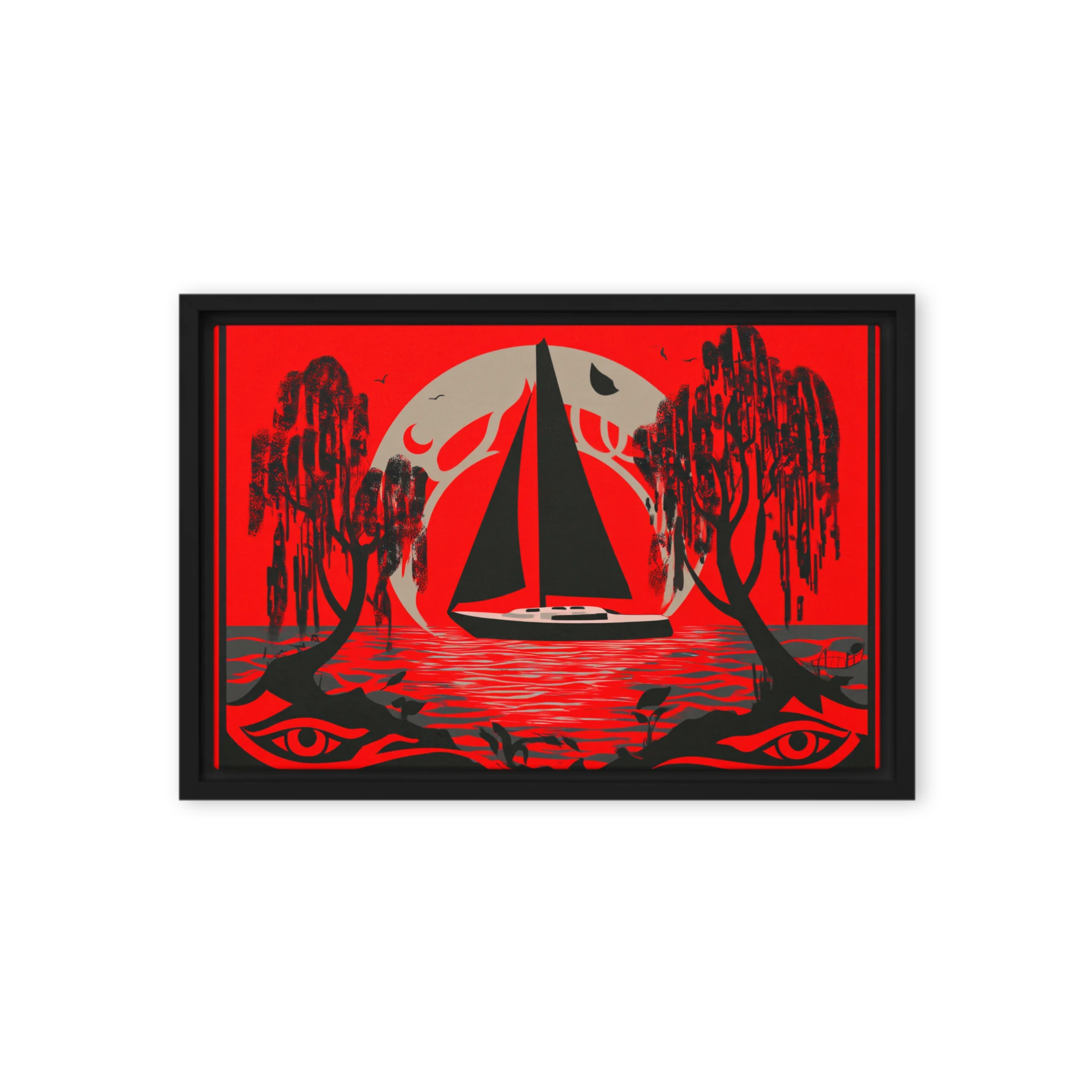 Crimson Blockprint Folk Wall Art — Masks, Flowers, River Towns