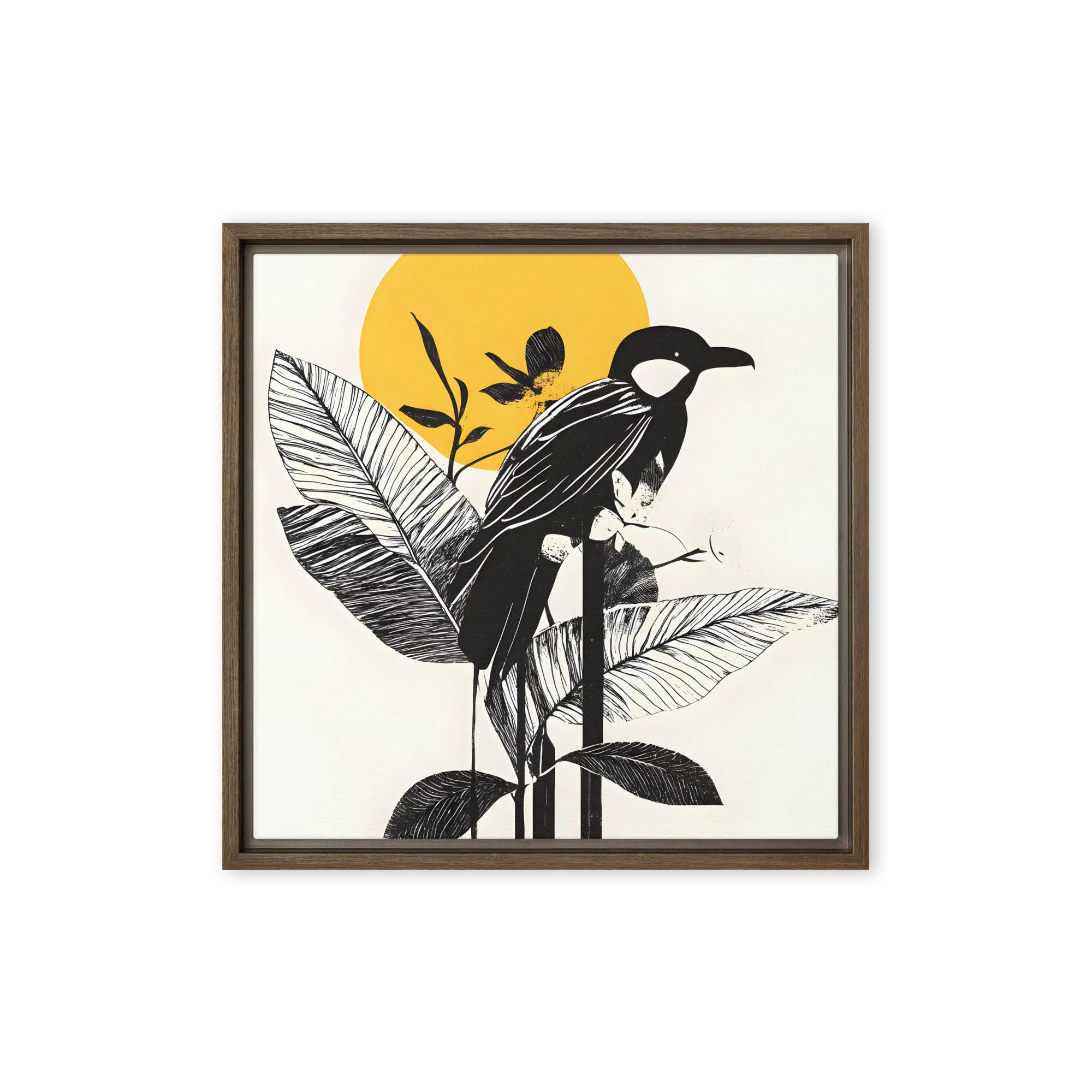 Tropical Bird and Sun Linocut