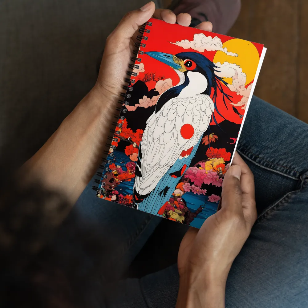Neo-Ukiyo-e Heron Amidst Blossoms 
 Spiral Notebook | 140 pages