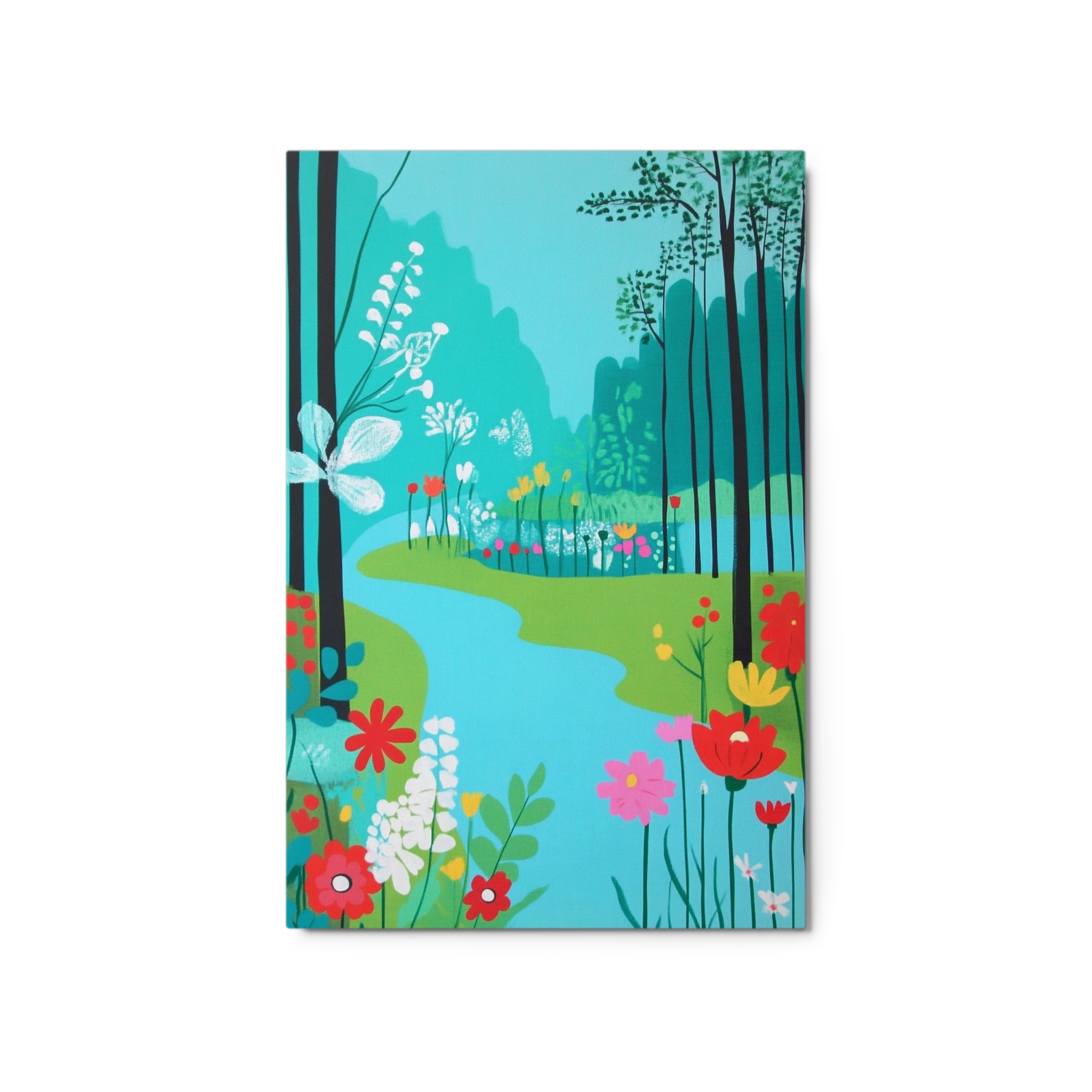 Stylized River Landscape with Colorful Flowers
