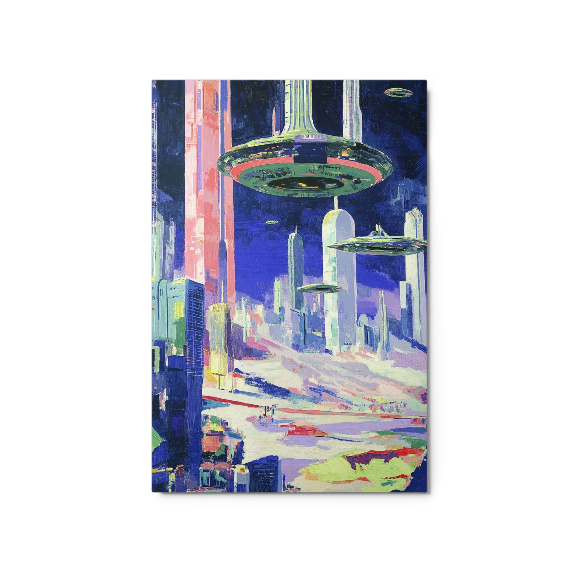 Futuristic Cityscape with Flying Saucers
