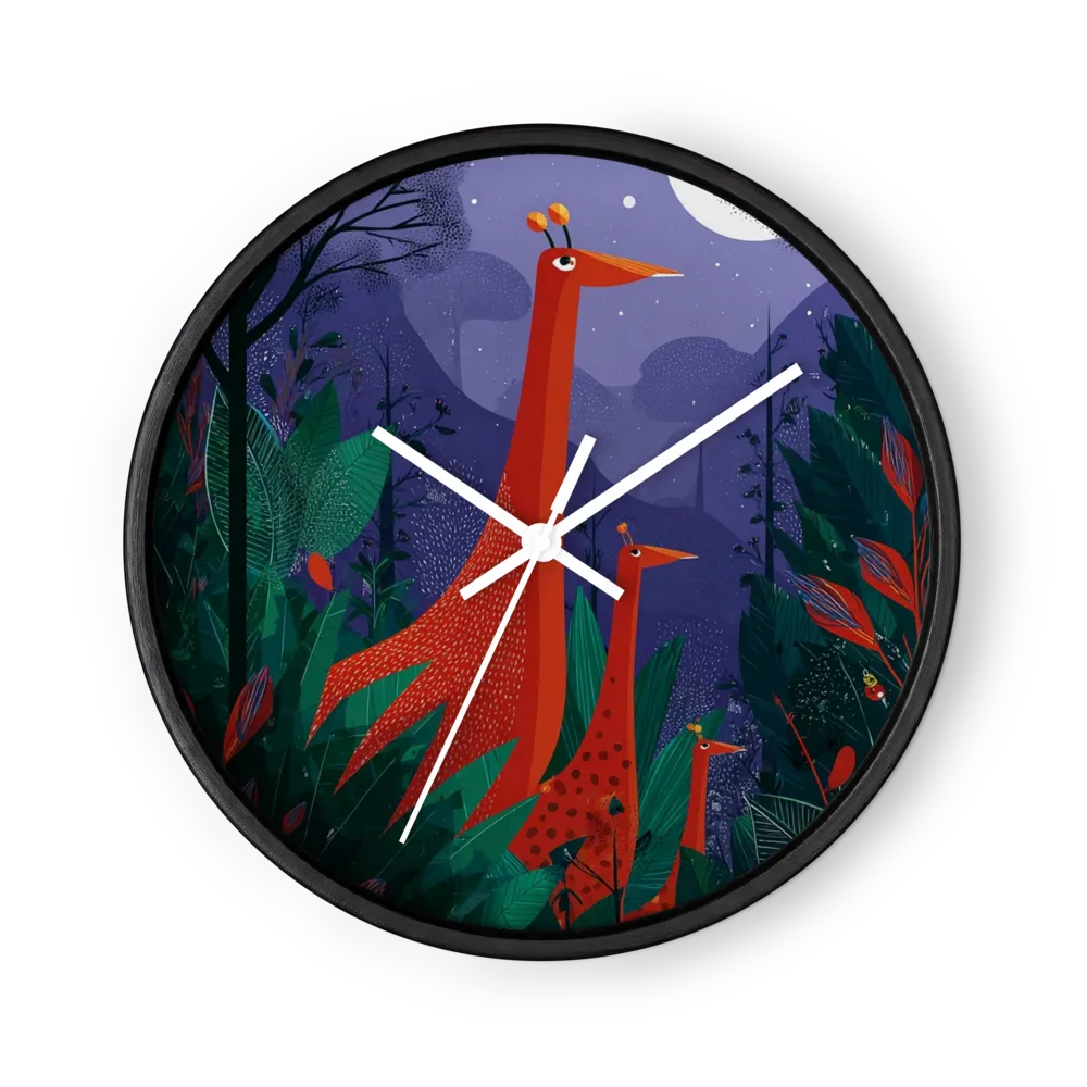 Red Giraffes in Night Jungle | Wall Clock