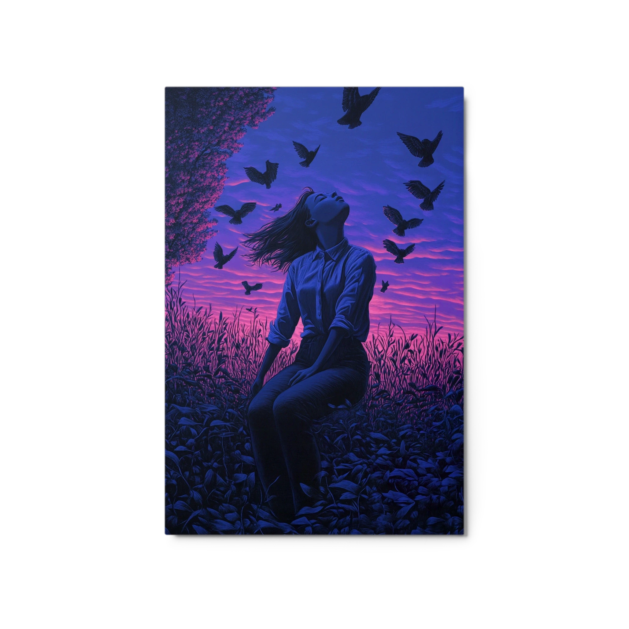 Surreal Woman with Birds at Twilight