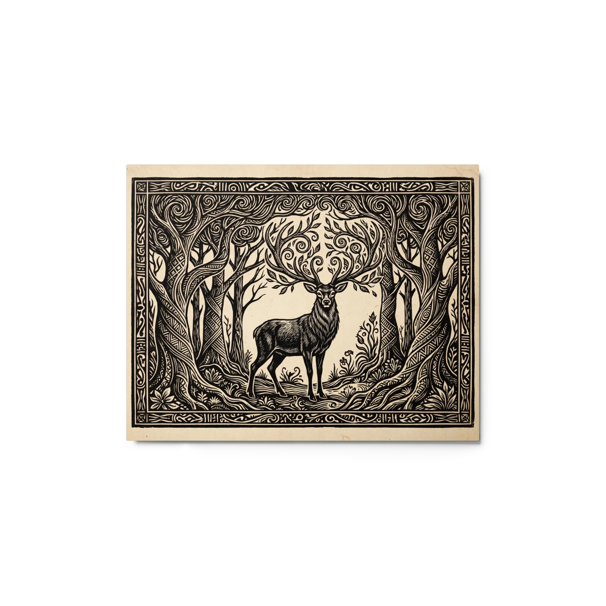 Forest Stag Woodcut 
 Poster with Red oak Frame | 20″x 30″