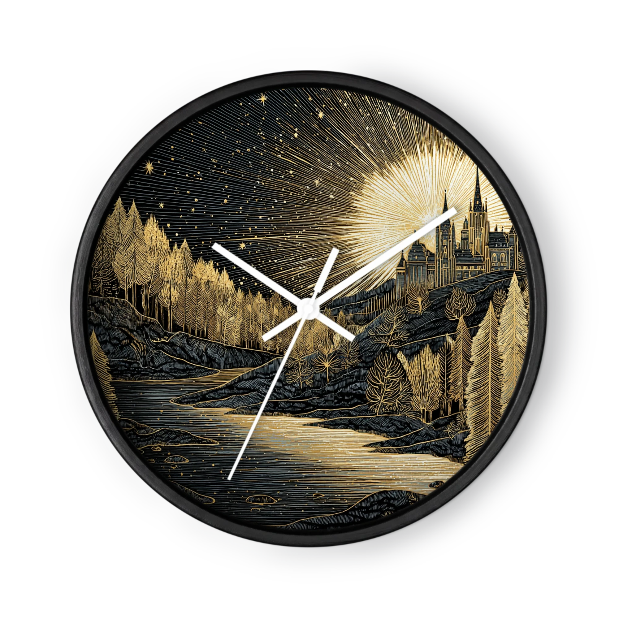 Gilded Obsidian Mysticism Wall Clocks — Black Ground, Gold Line