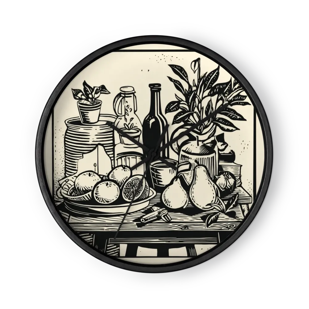 Black and White Linocut Still Life | Wall Clock