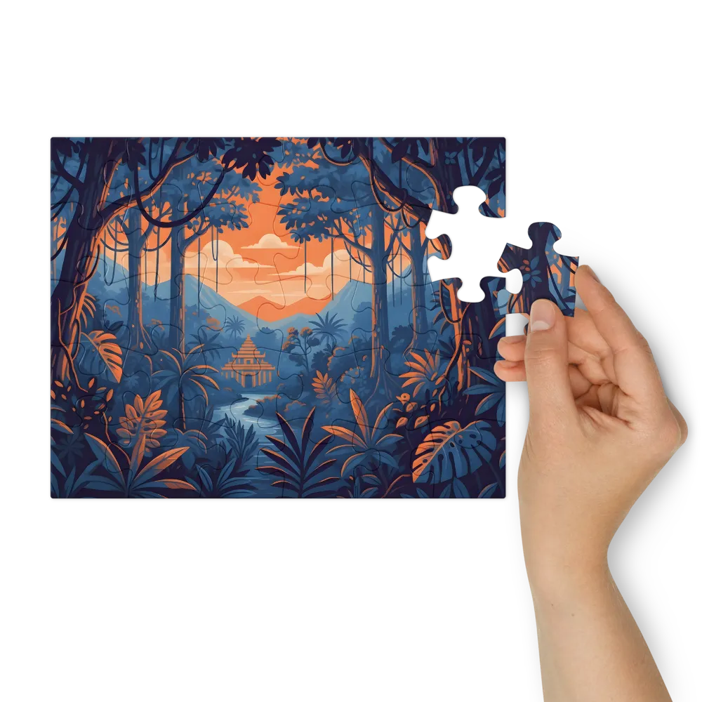Jungle Pagoda Sunset 
 Jigsaw Puzzle in Tin Box