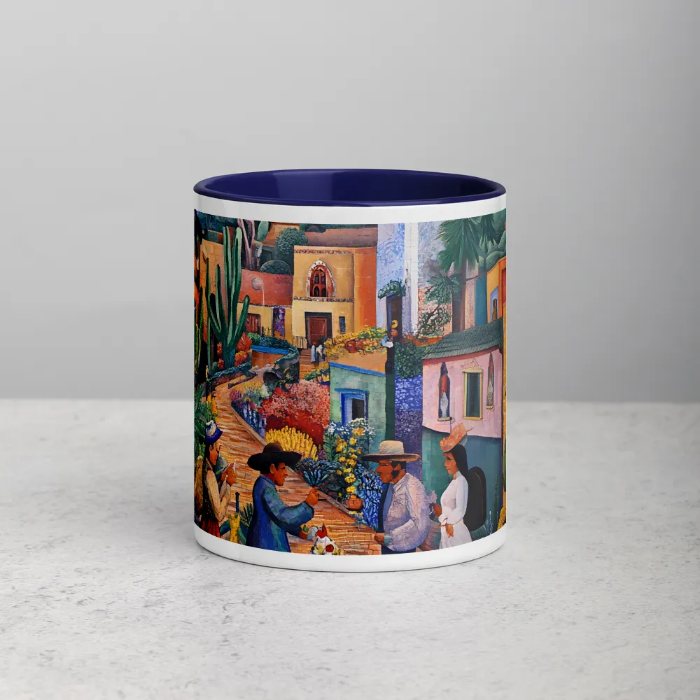 Vibrant Village Life 
 Mug with Dark Green inside