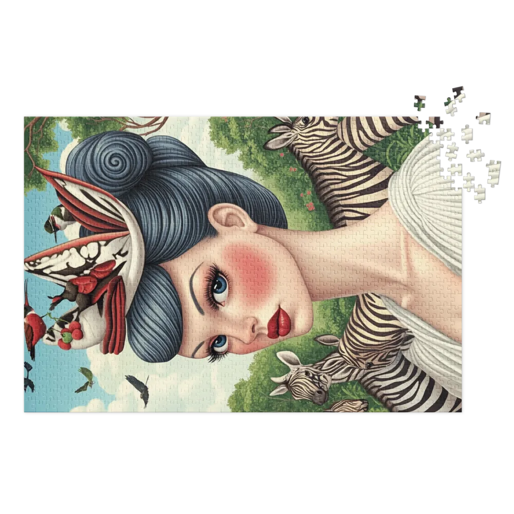 Elegant Woman with Birds and Zebras