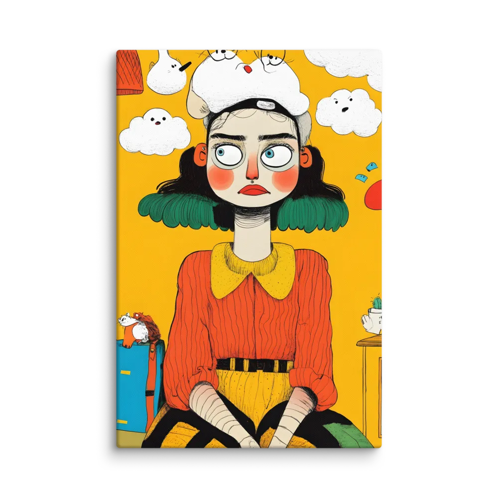 Pensive Girl with Cat Hat 
 Canvas with Black Frame