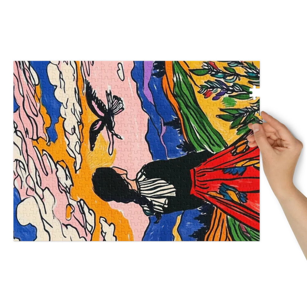 Girl in Colorful Dress Against Landscape | Jigsaw Puzzle (252/520 pieces)