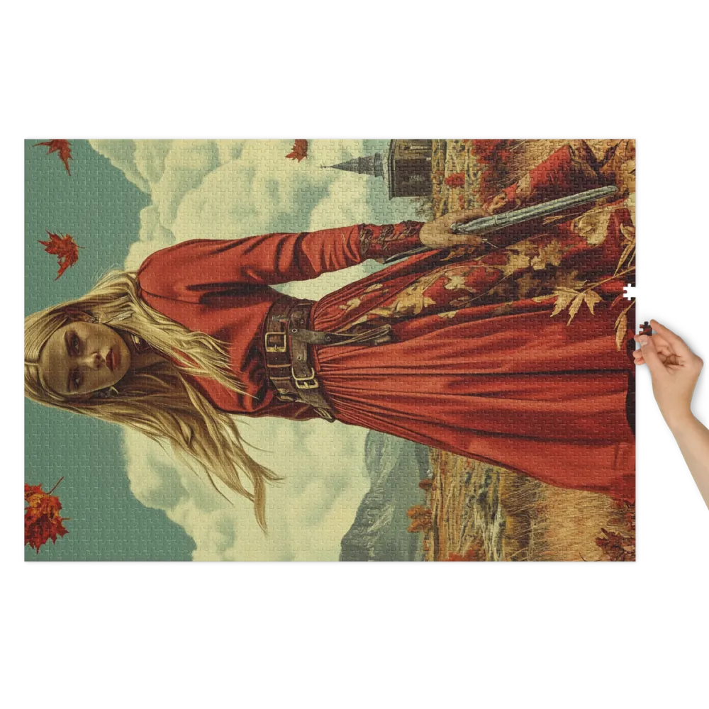 Woman in Red Dress in Autumn Landscape | Jigsaw Puzzle (252/520 pieces)