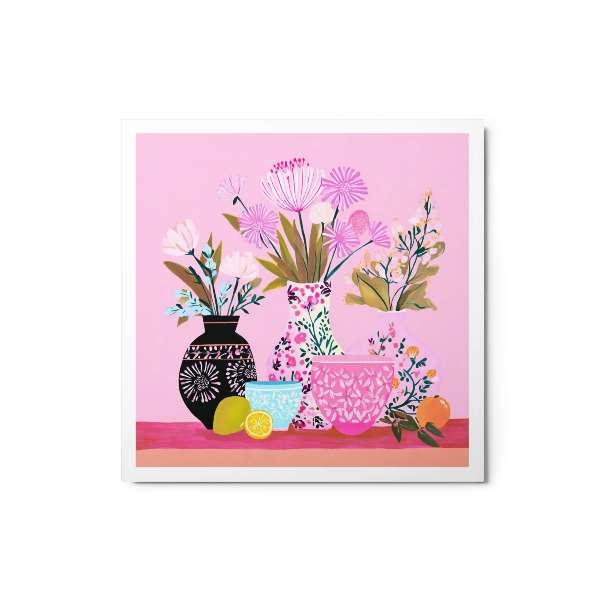 Pink Floral Vases and Citrus Still Life