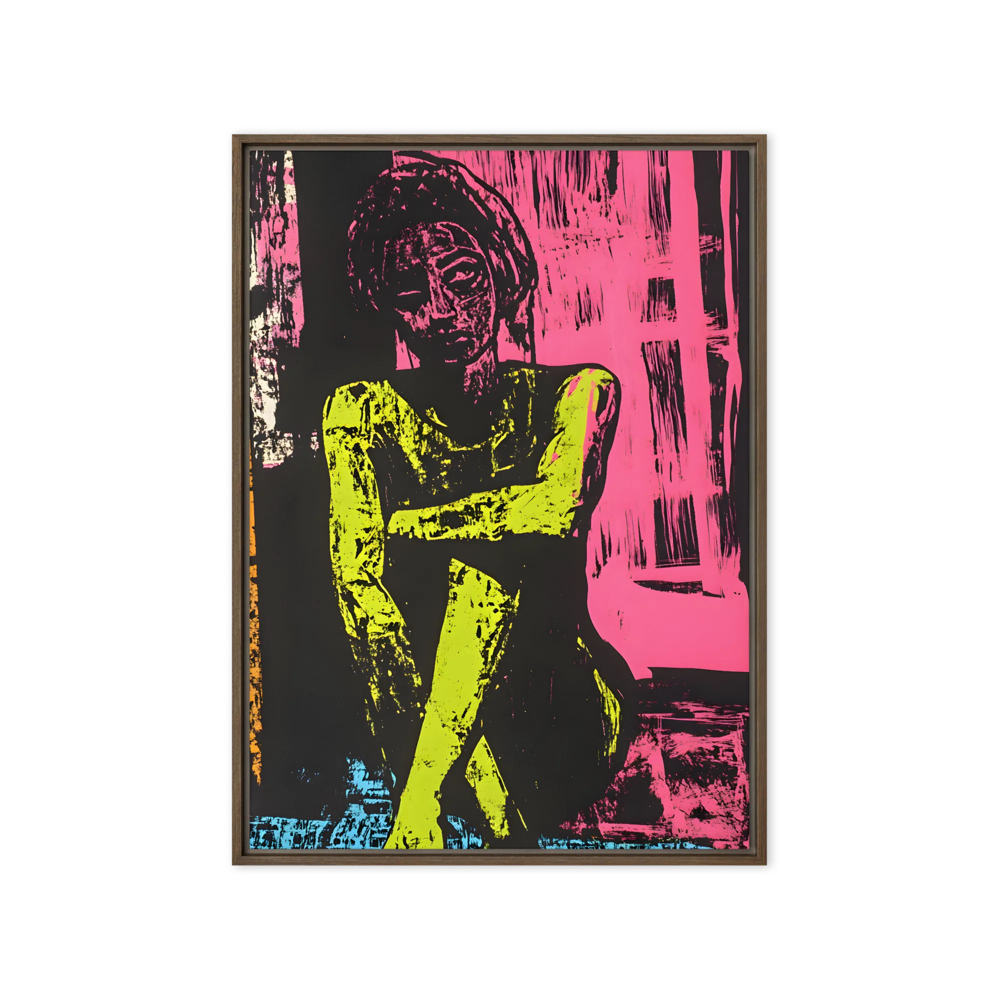 Seated Figure Linocut 
 Canvas with White Frame