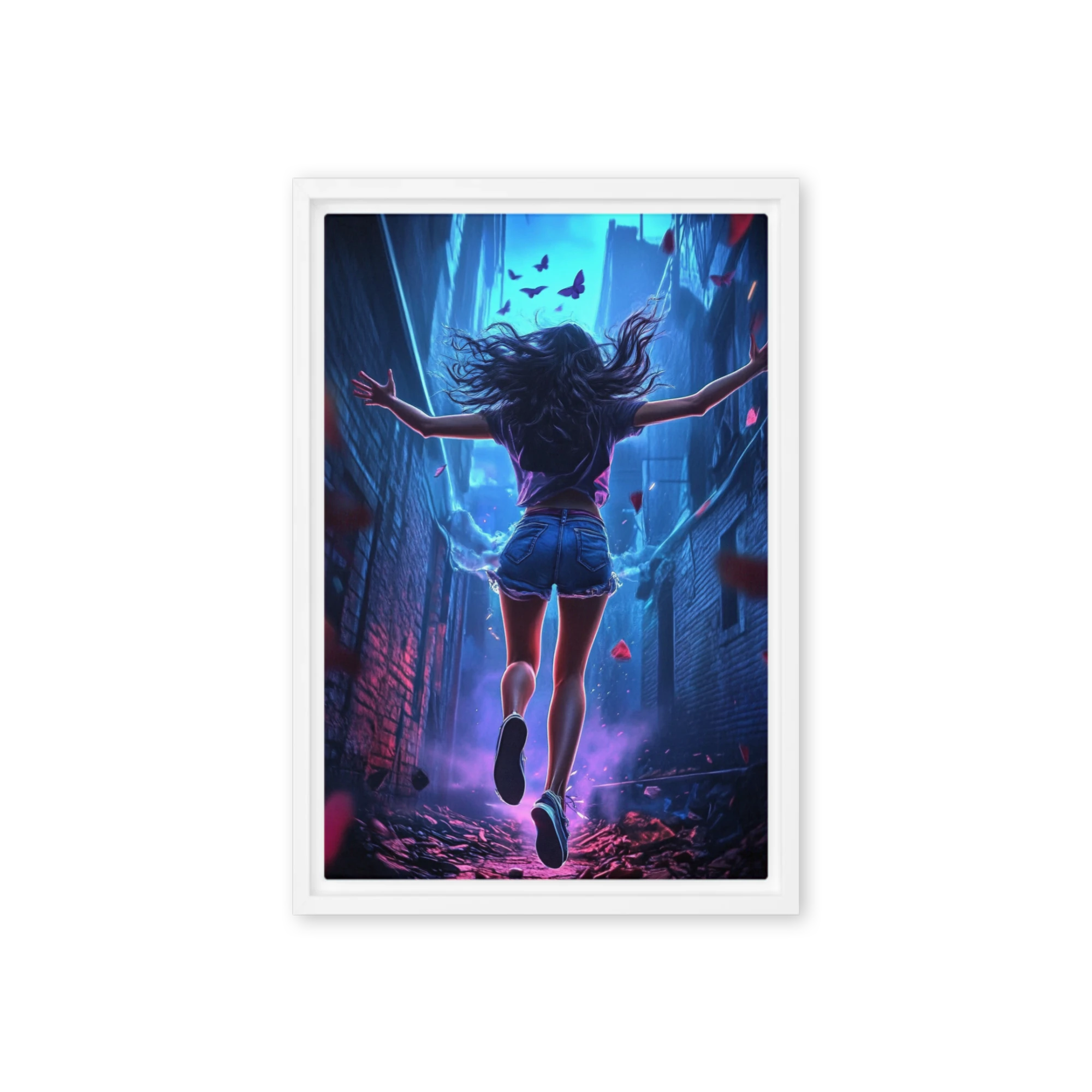 Female Figure Running in Vibrant Alley