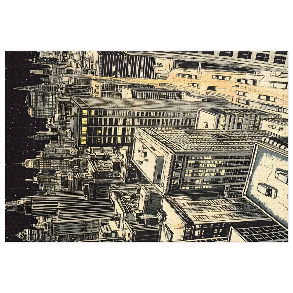 Illustrazione Paesaggio Urbano Notturno 
 Puzzle in scatola di metallo