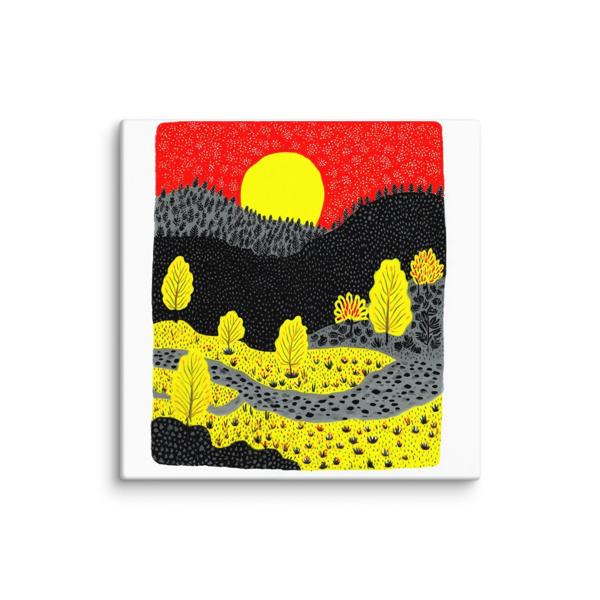 Stippled Folk Naivism Wall Art — Yellow, Black, Poppy Red