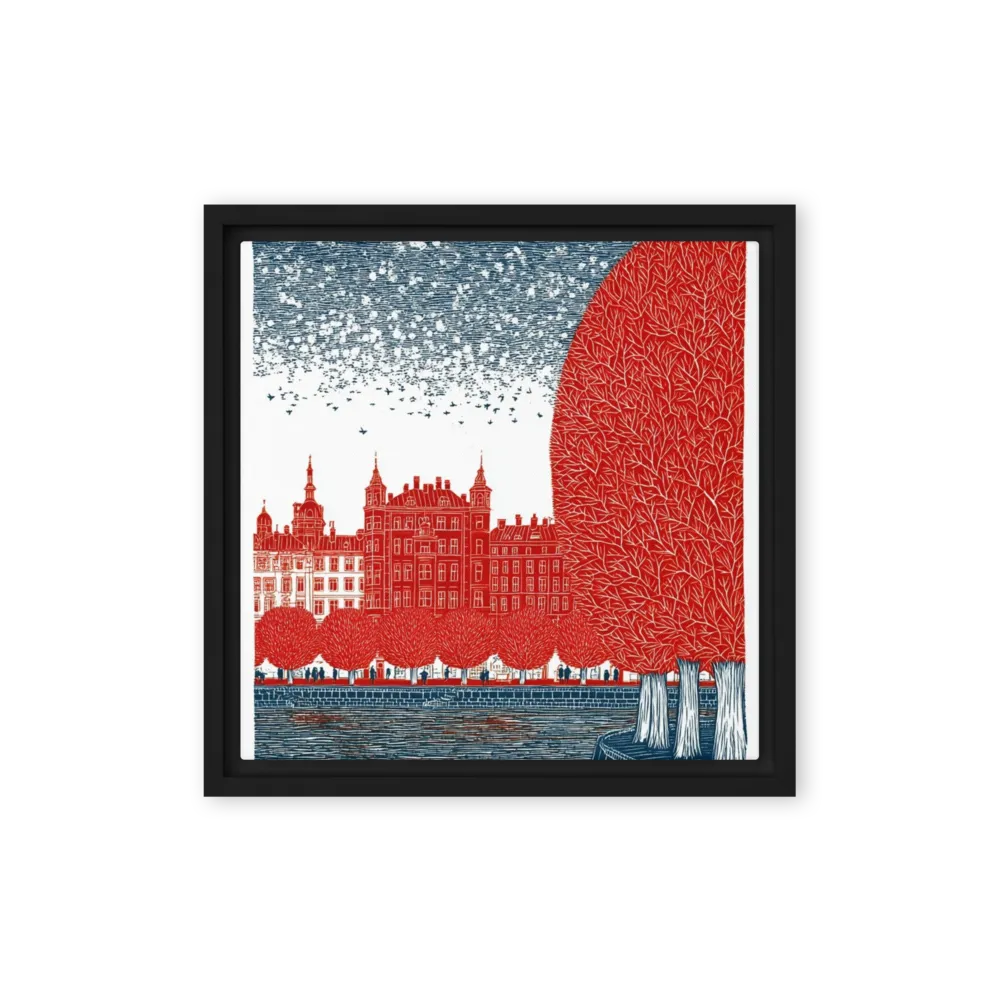 Crimson Waterfront Silhouette 
 Poster with Black Frame | 18″x 18″