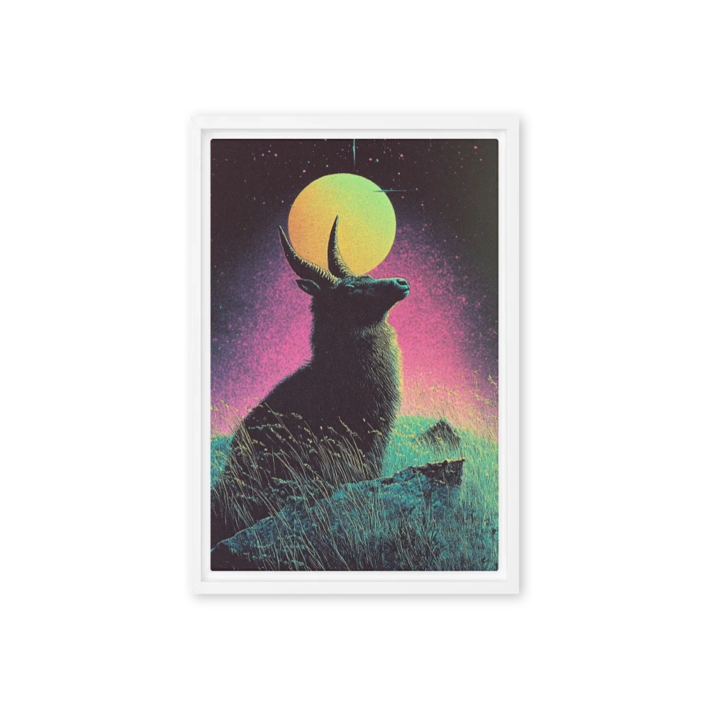 Surreal Goat Landscape with Neon Moon