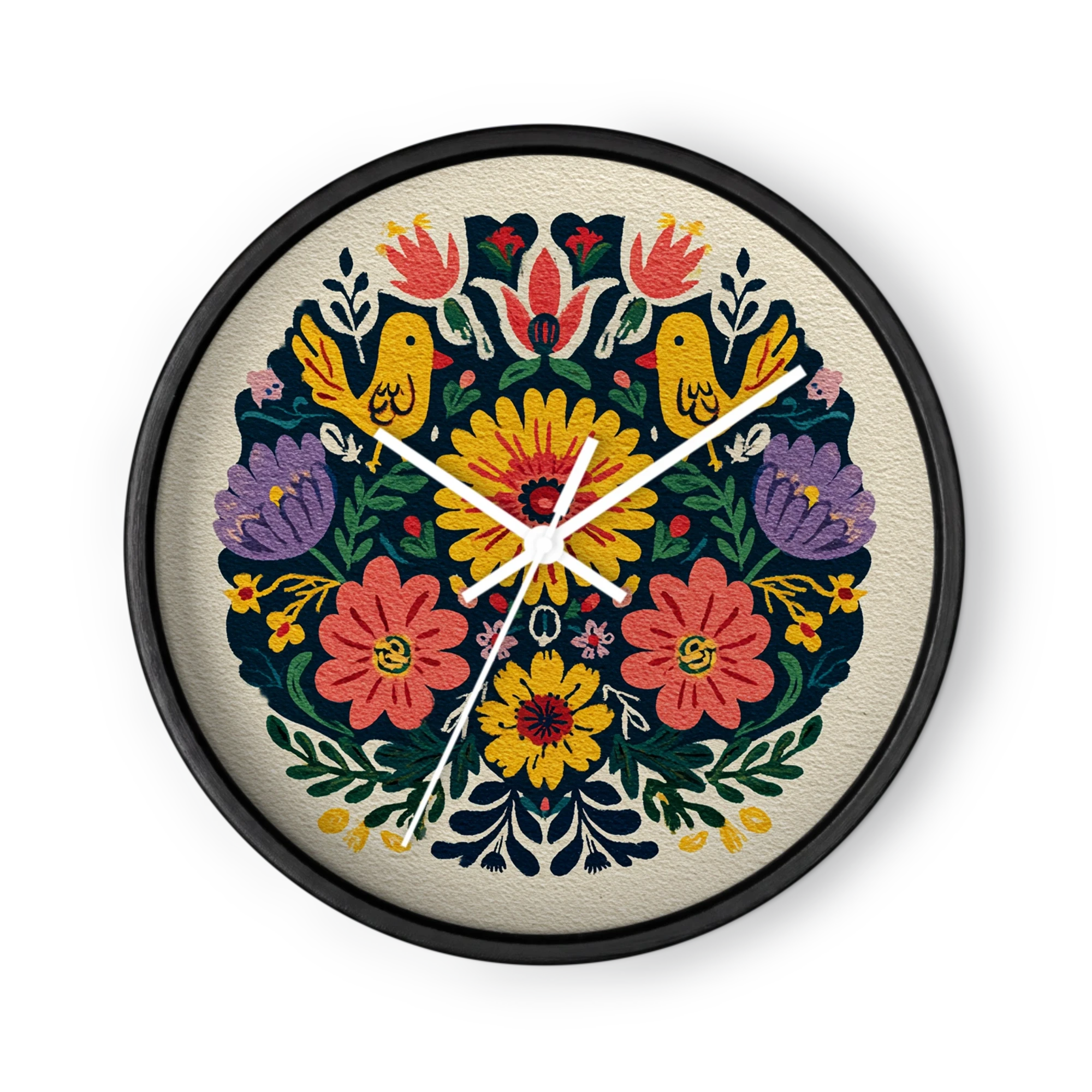 Stitch-Style Blooms On A Clock Dial — Folk Flowers, Two Grounds