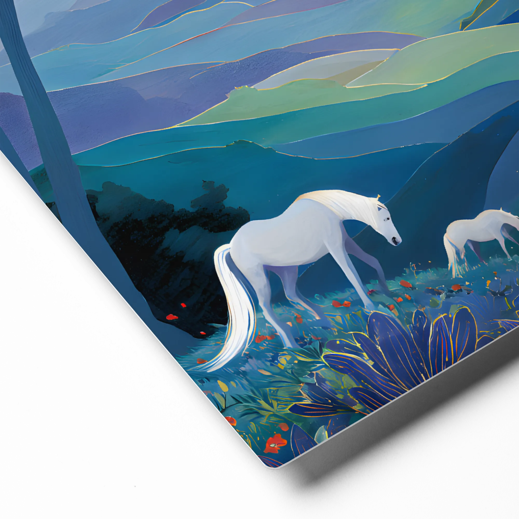 Moonlit Hills with White Horses 
 Canvas | 24″x 24″